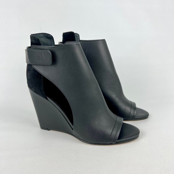 Vince Womens Kara Open Toe Wedge Sandal Black Leather Side Cutouts size 7 - Picture 1 of 16